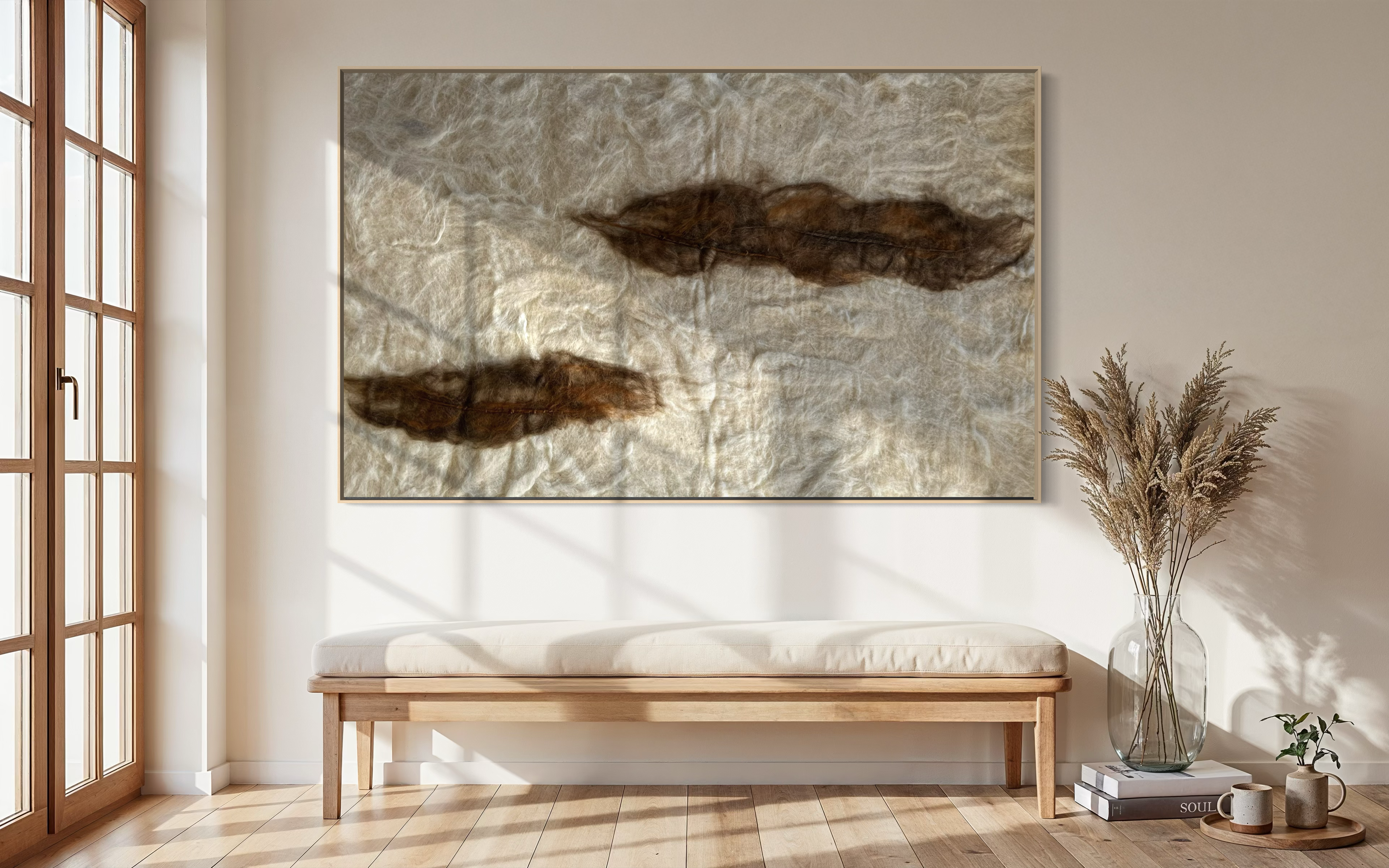 A handmade wool acoustic panel styled in a luxury interior. Designed to absorb sound while bringing warmth, texture and calm into refined spaces.