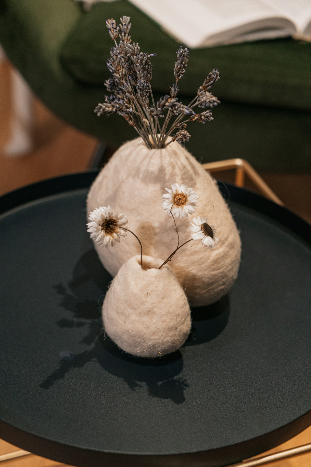 Close up of natural wool vases handcrafted in Spain, slow living decor for boutique hotels and homes
