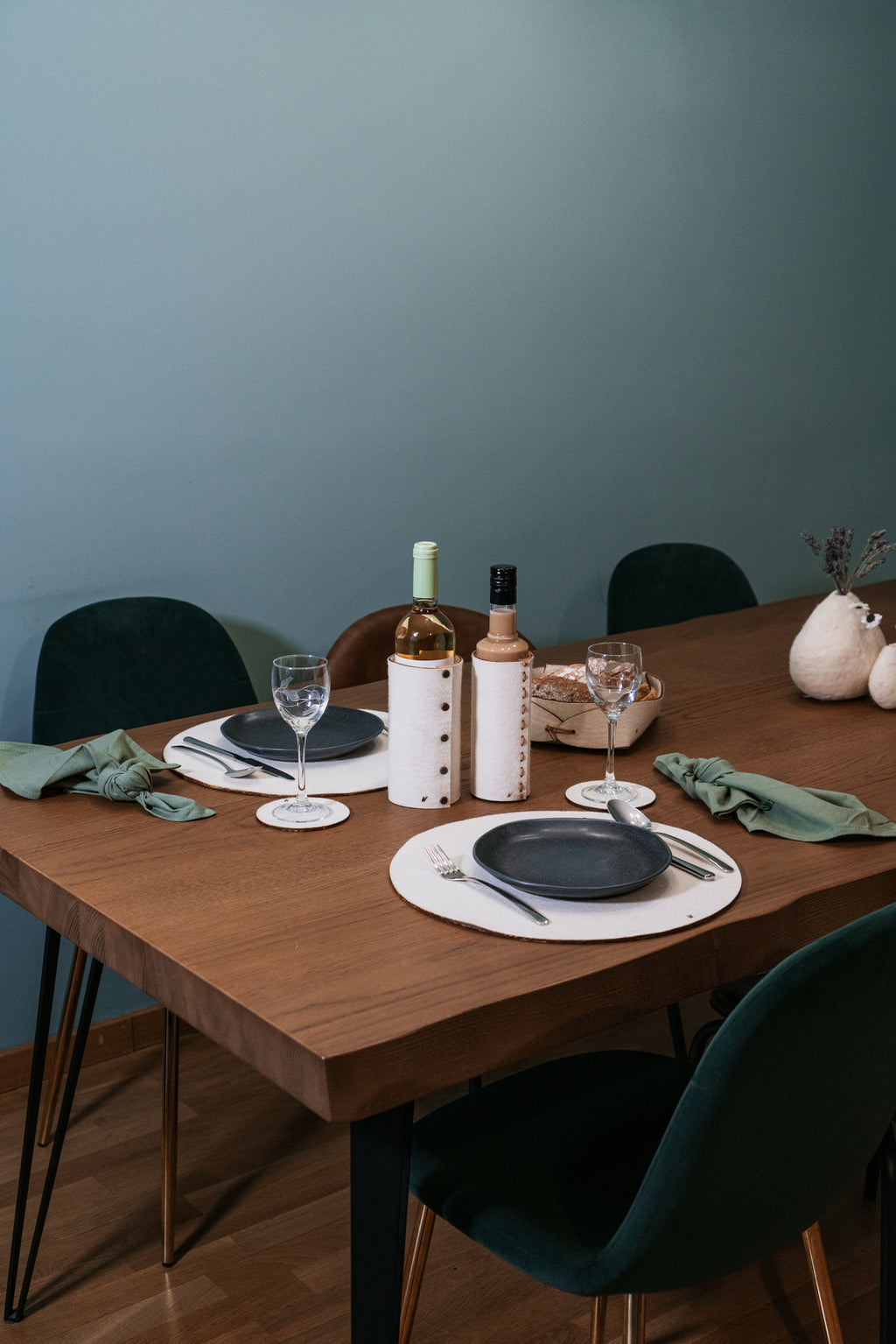 Natural wool bottle sleeve for wine on slow living table setting